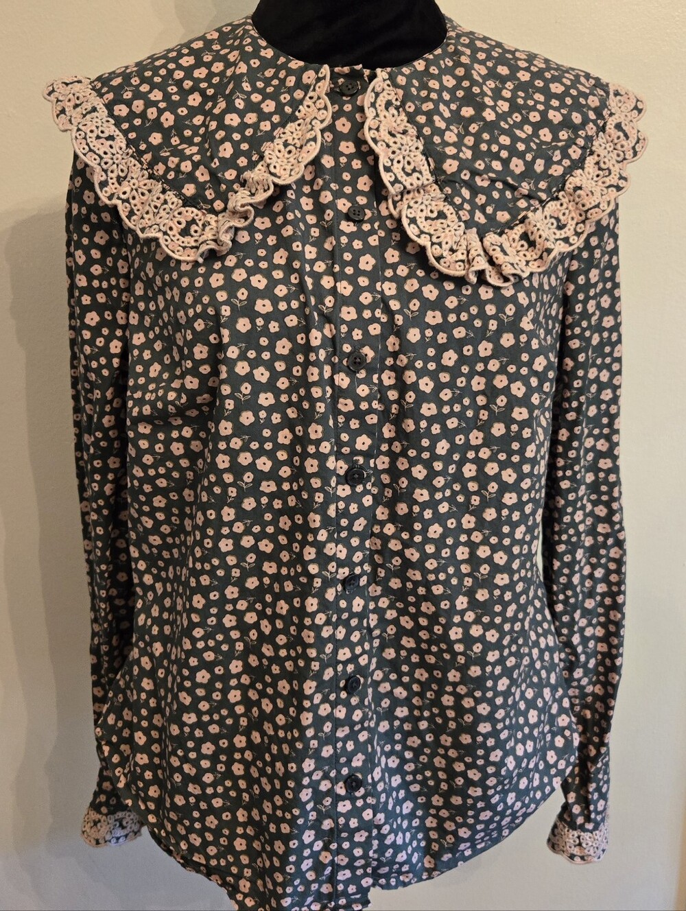 Boden Womens Button Up Floral Cotton Blouse Peter Pan Collar Green Pink Size 8